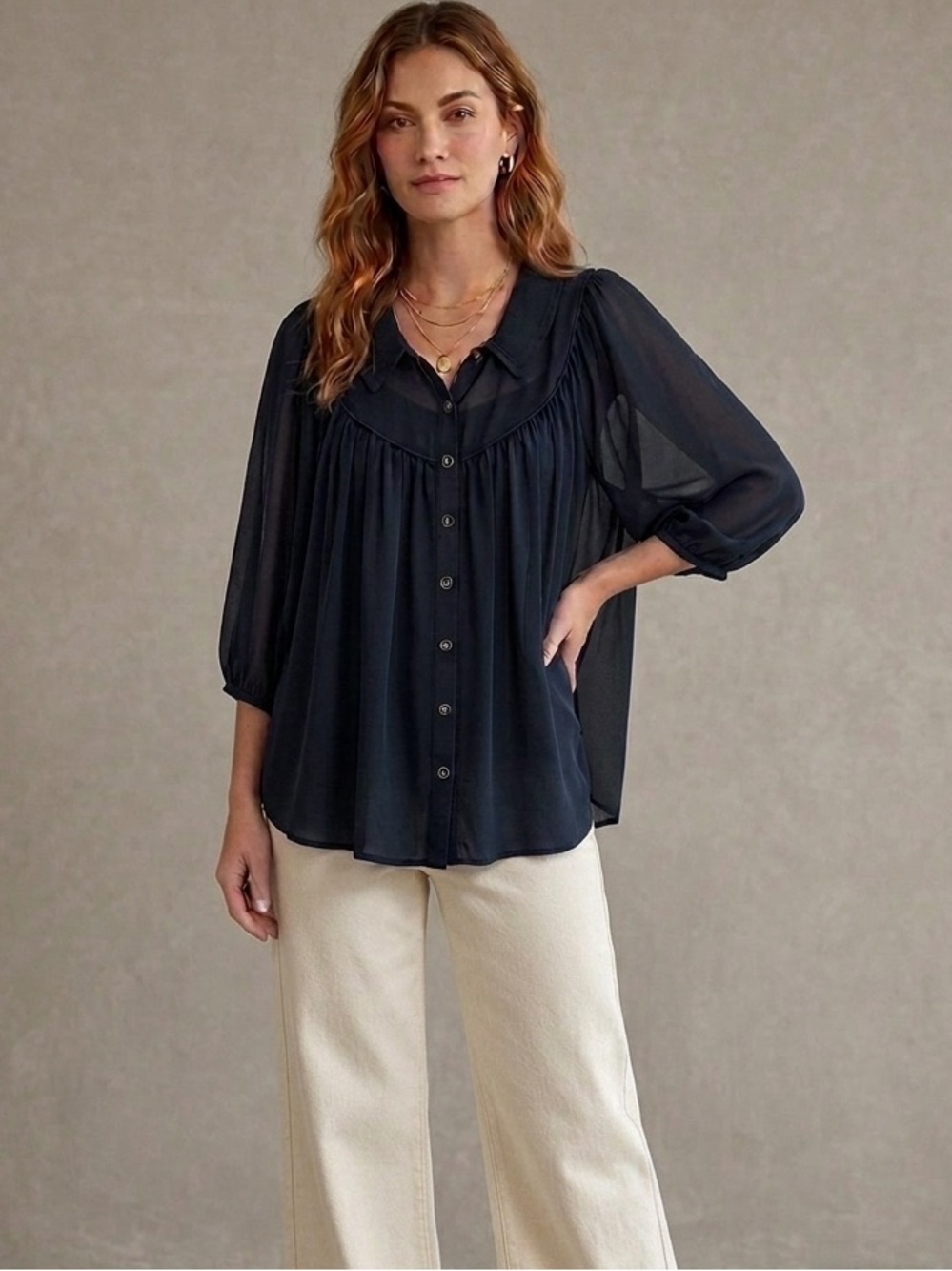 Lowry’s Farm Women's Sheer Navy Button-Front Blouse